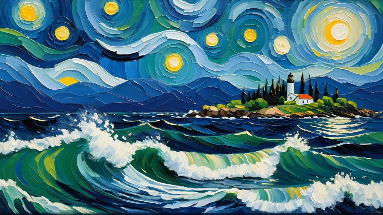 Serene Seascape with Lighthouse and Starry Sky