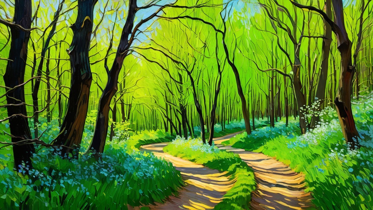 Vibrant Forest Scene with Lush Trees and Pathway
