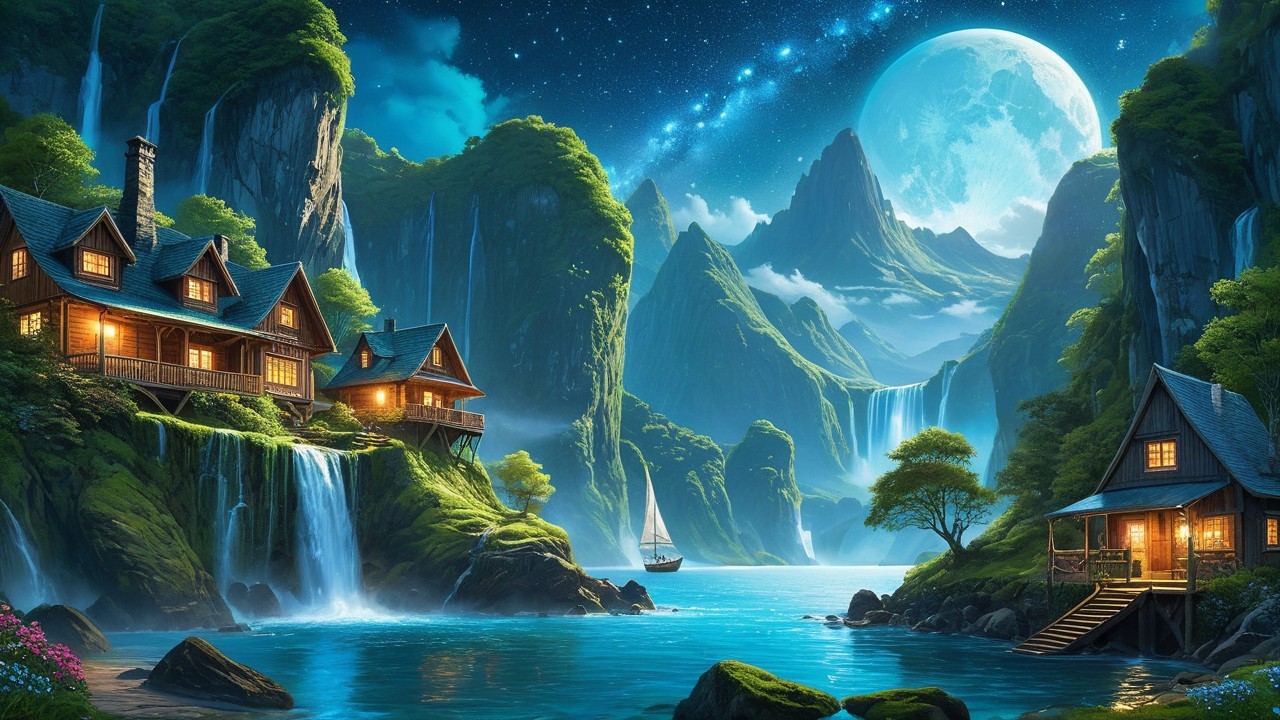 Serene Fantasy Landscape with Waterfalls and Moonlight