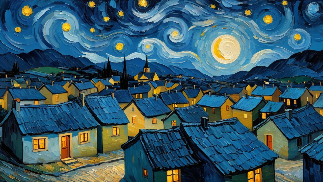 Vibrant Night Sky with Moon and Quaint Houses