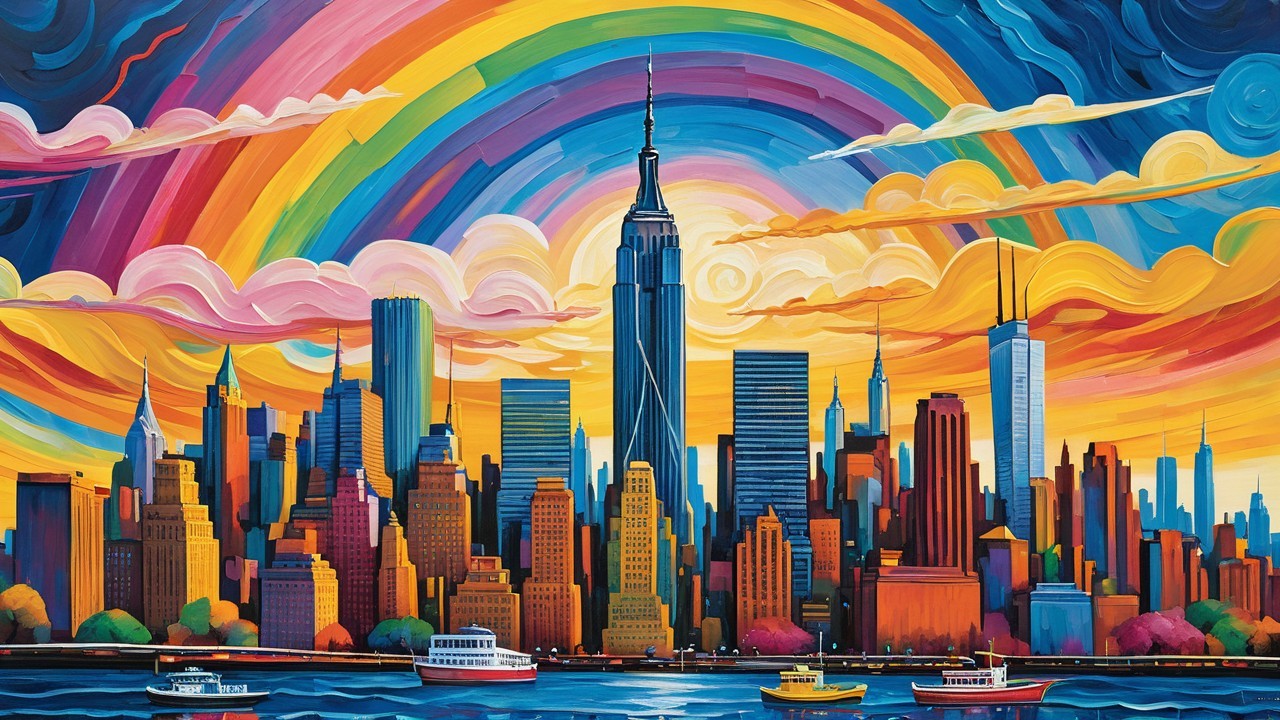 Colorful City Skyline at Sunset with Reflection