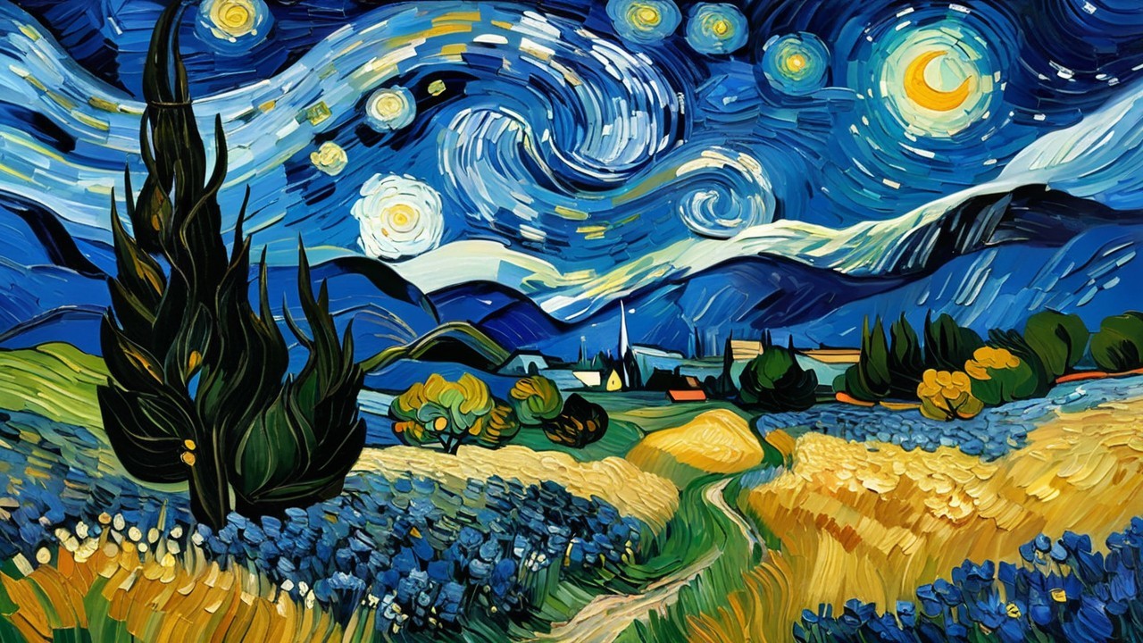 Vibrant Night Sky with Rolling Hills and Cypress Trees