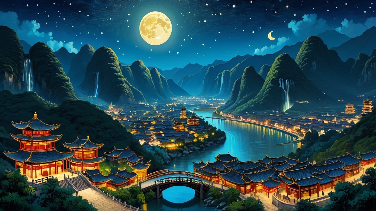 Vibrant Asian City Night Scene by a Winding River
