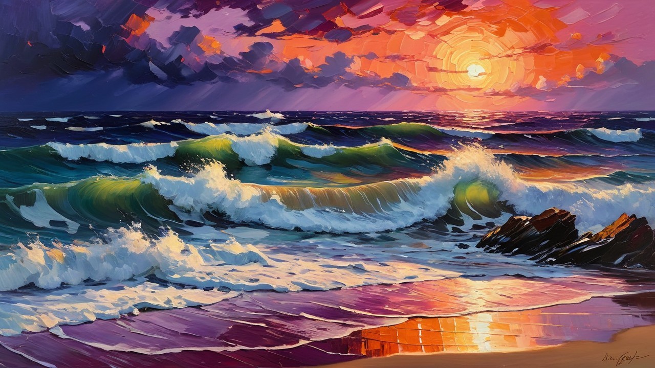 Vibrant Seascape with Sunset and Rolling Waves