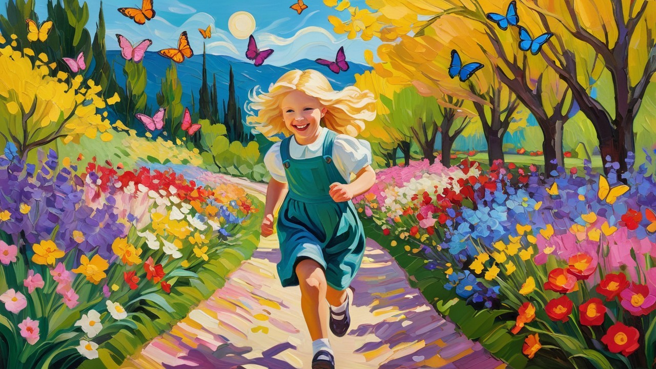 Joyful girl running through a colorful flower path