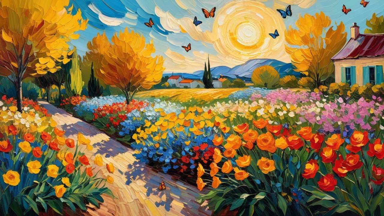 Vibrant Landscape Painting of a Sunlit Garden Path