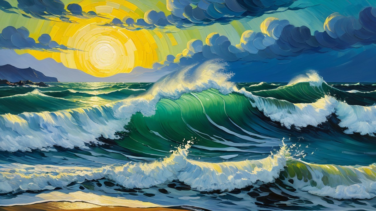 Oil Painting of Ocean Waves and Two-Toned Sky