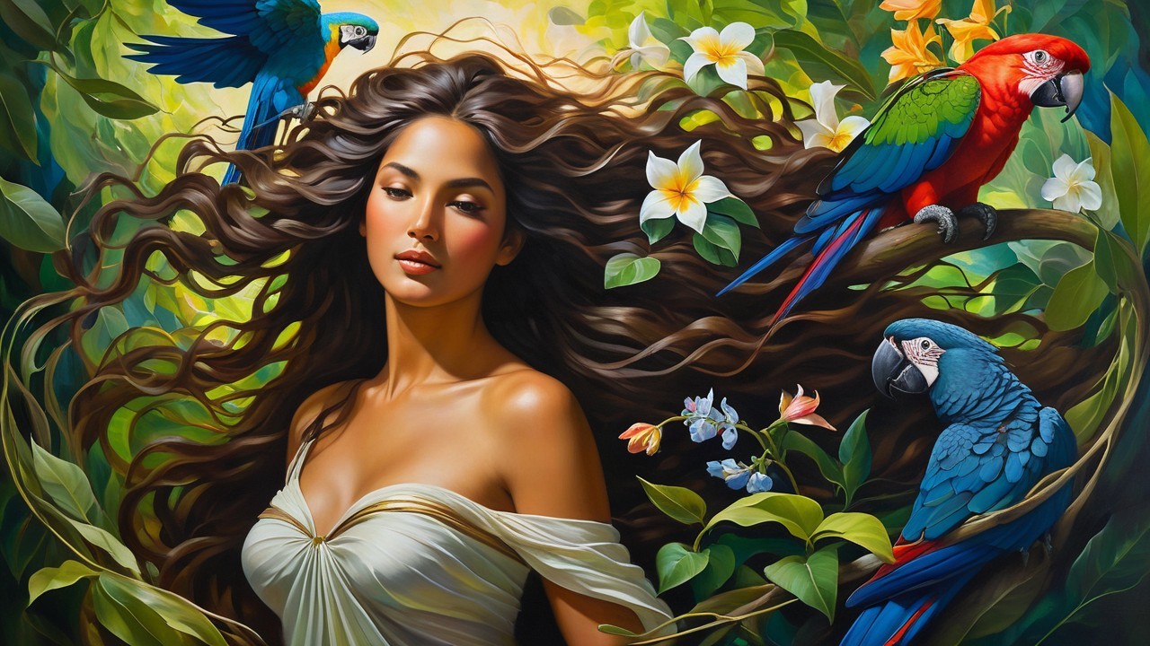 Captivating Woman in Tropical Setting with Parrots