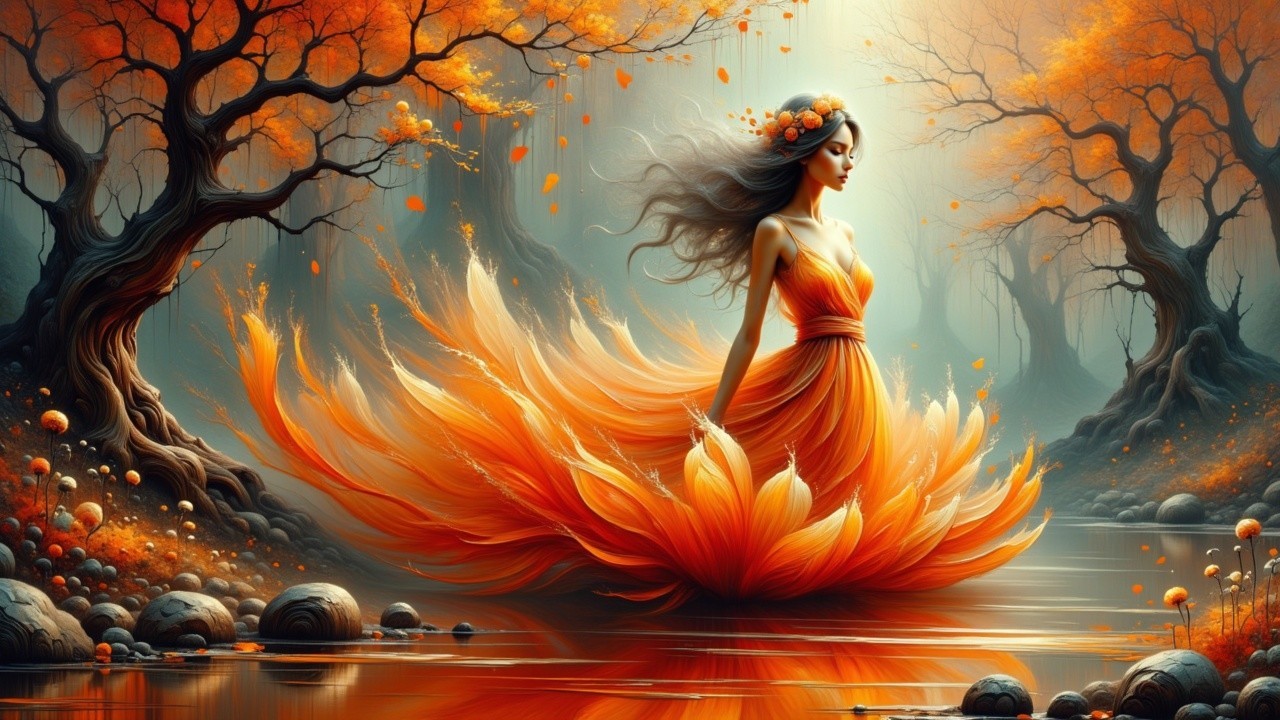Mystical figure in flowing orange gown by serene lake