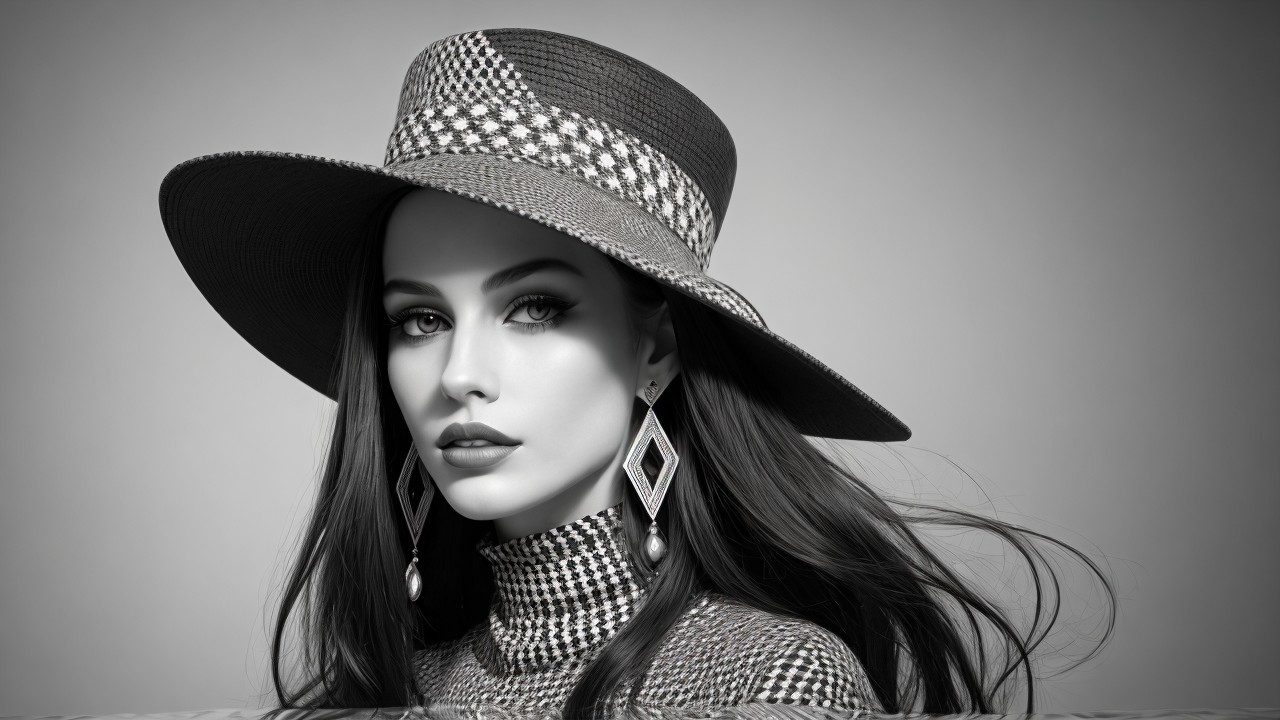 Black-and-white portrait of a model with stylish hat