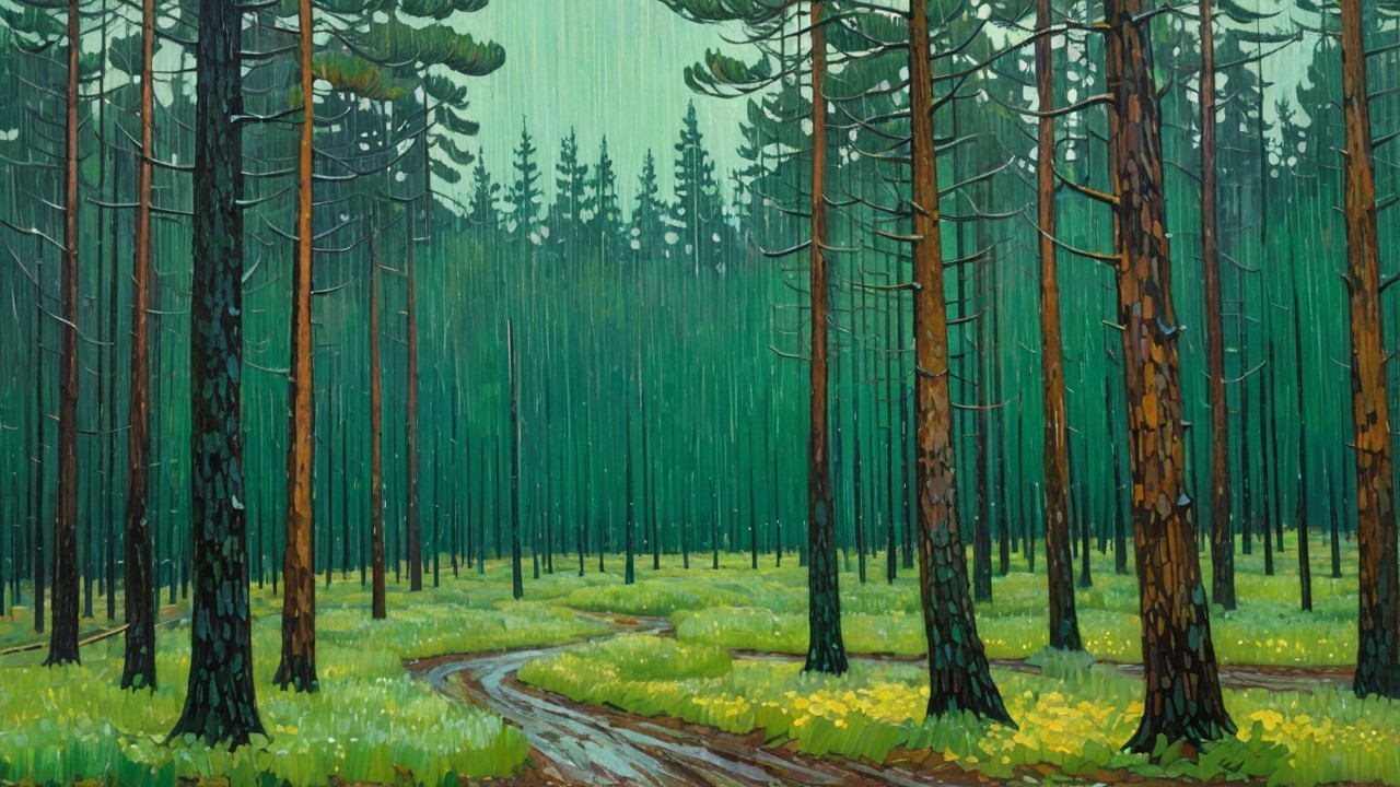 Serene forest scene with coniferous trees and path