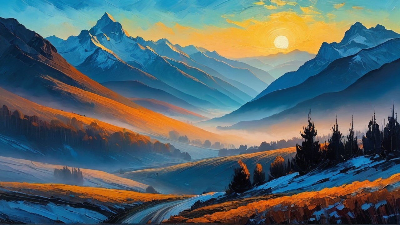 Mountain Landscape with Sunrise and Misty Foothills