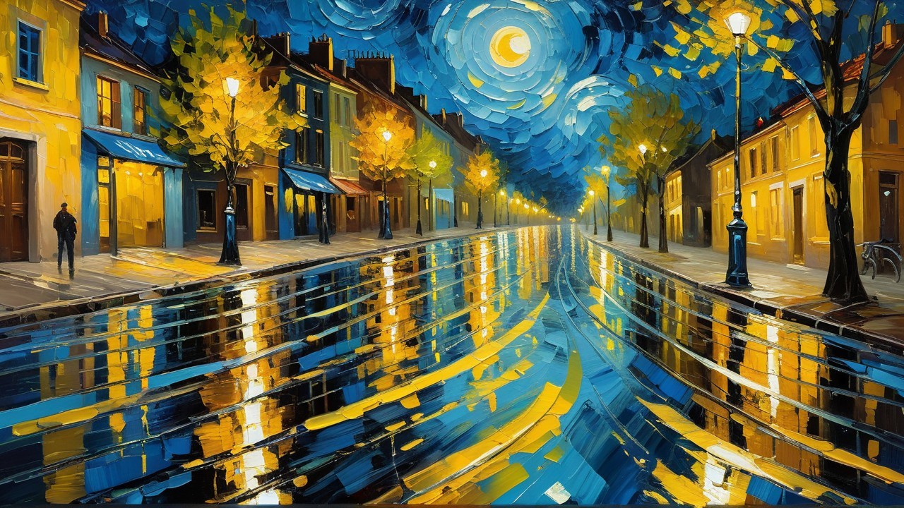 Serene Night Scene with Vibrant Street and Reflections