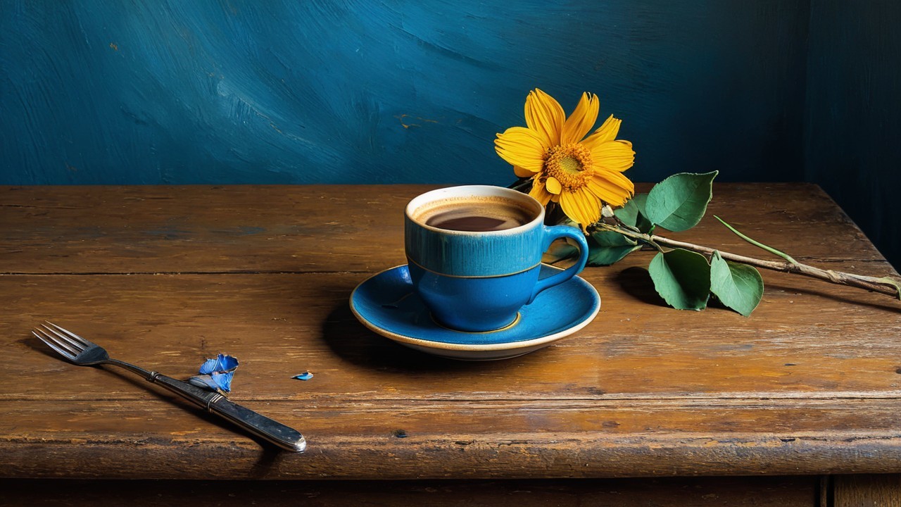 Blue Coffee Cup with Yellow Flower on Rustic Table