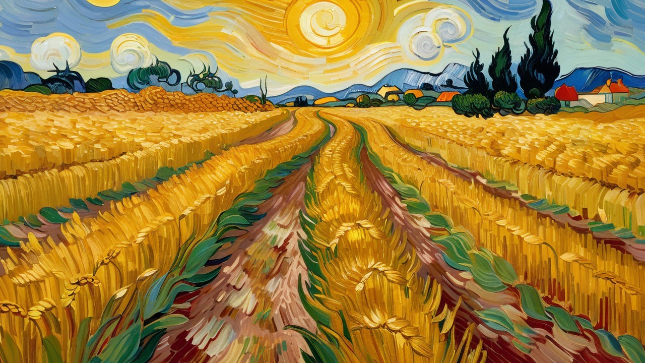 Vibrant Wide-Angle Painting of Wheat Field Landscape