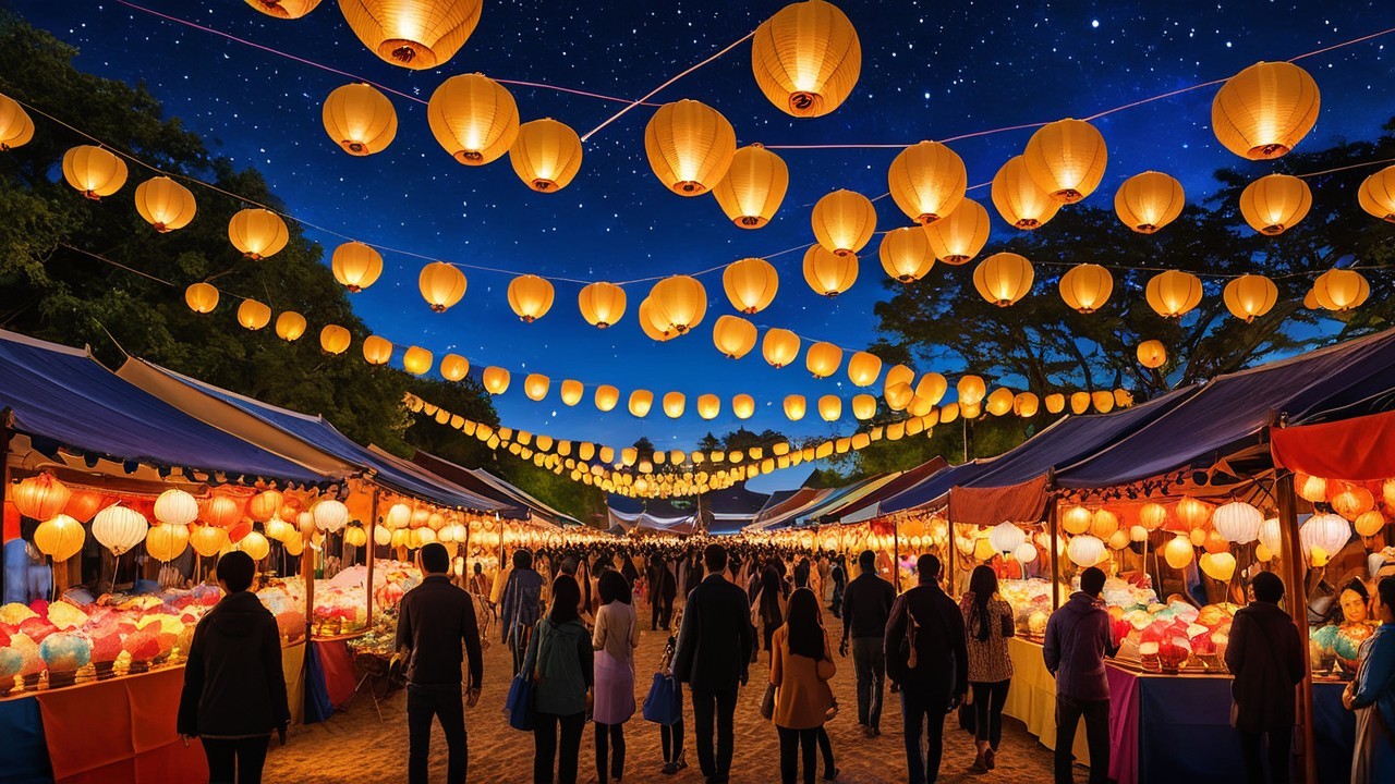 Vibrant Night Market with Lanterns and Colorful Stalls