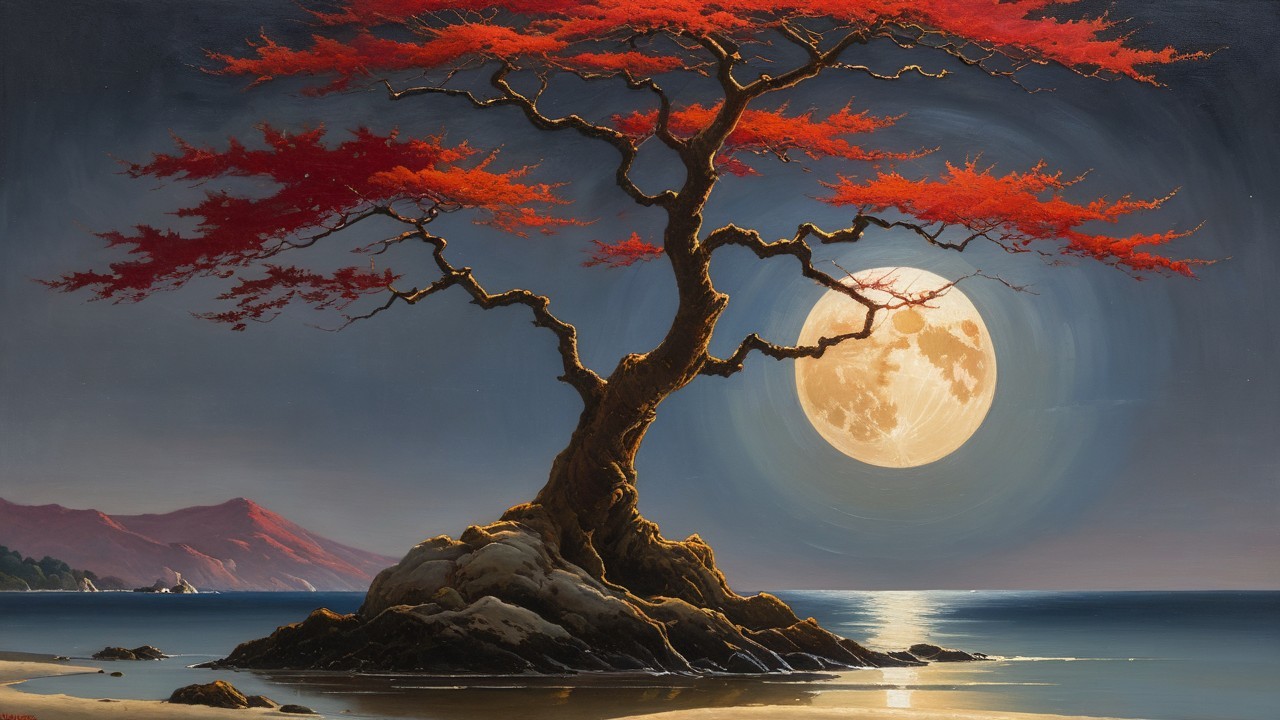Solitary tree with red leaves under a full moon
