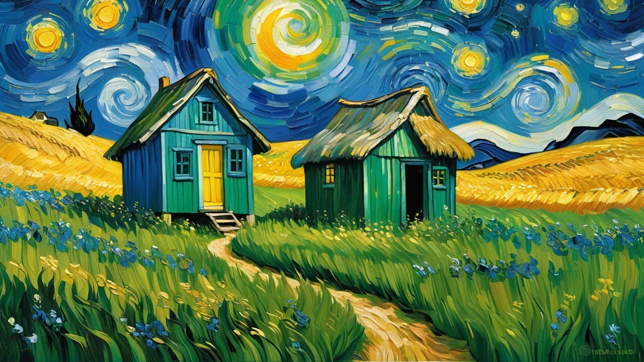 Starry Night Sky with Moon and Green Shacks Painting