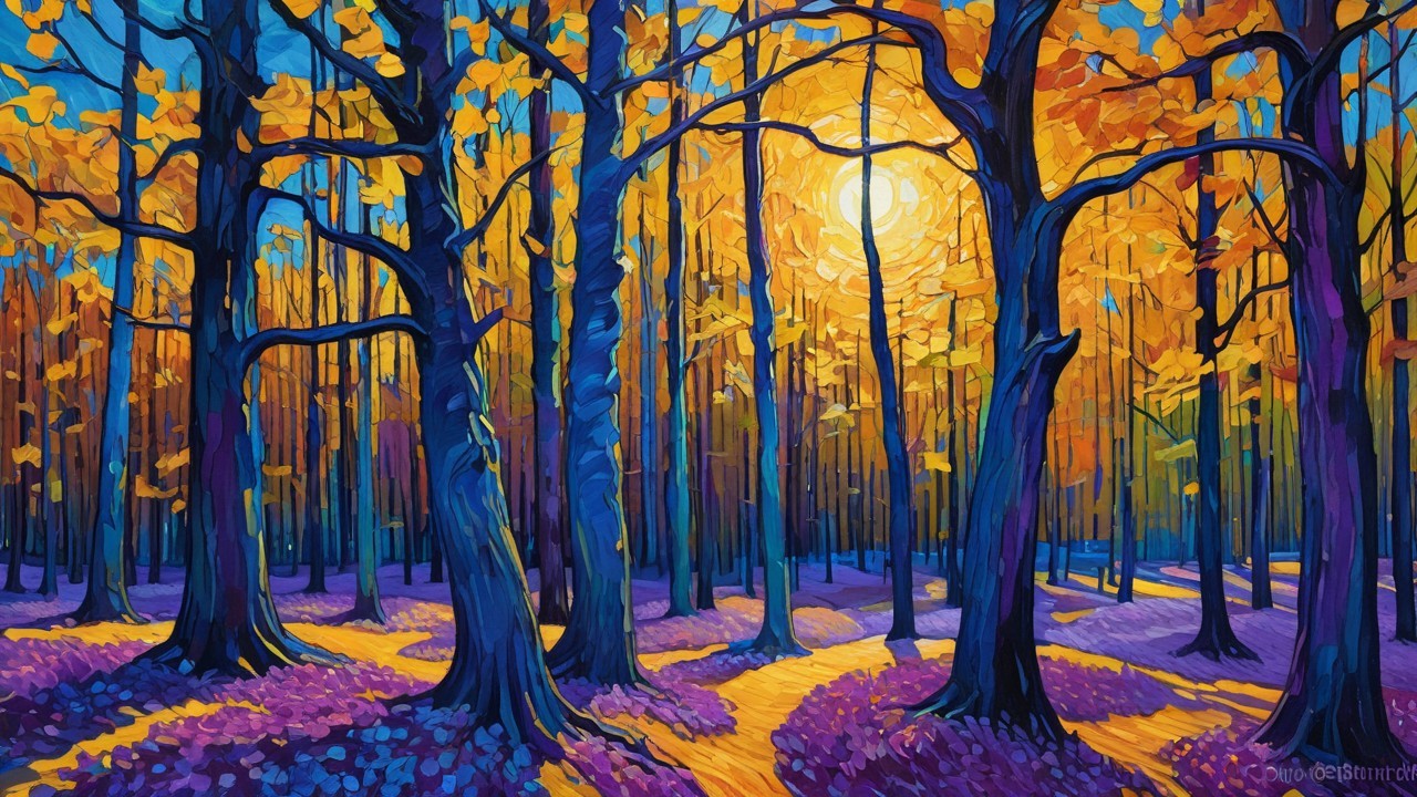 Vibrant forest scene with colorful foliage and sunlight