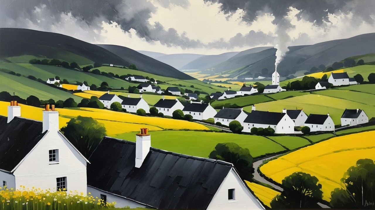 Serene Countryside Landscape with Cottages and Hills