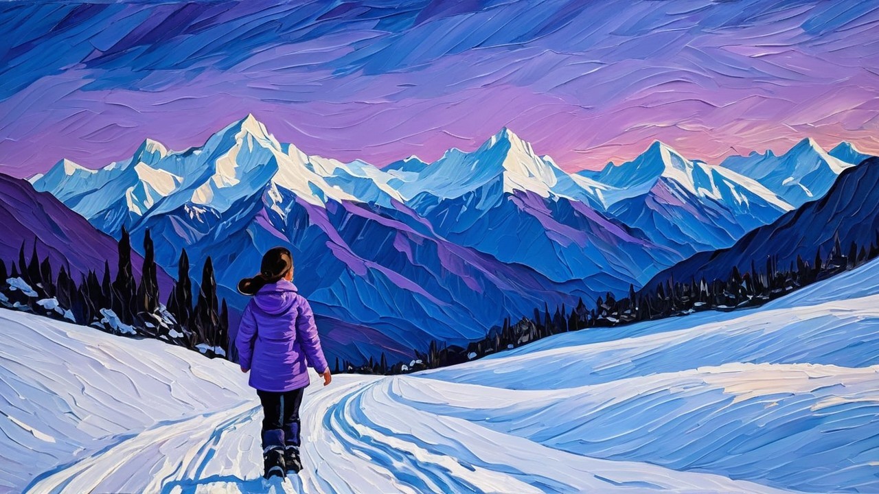 Lone Figure in Purple Jacket on Snowy Mountain Path