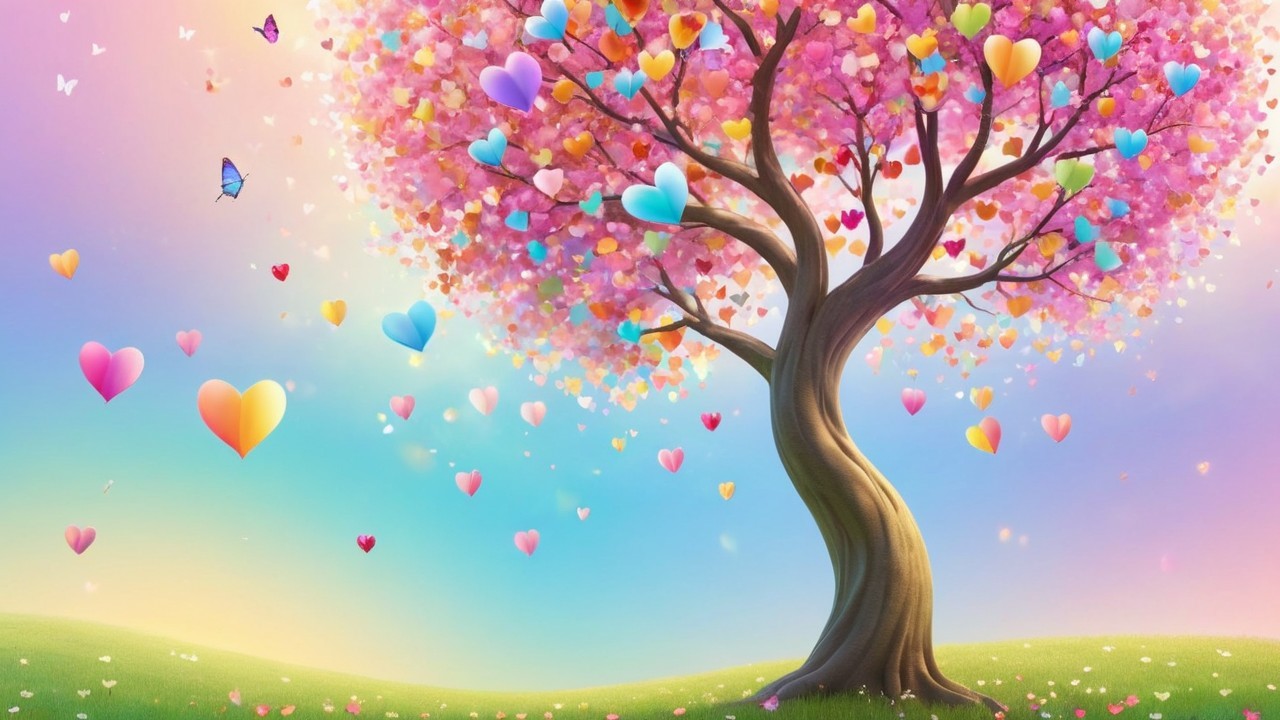 Whimsical tree with heart-shaped pink leaves and butterflies