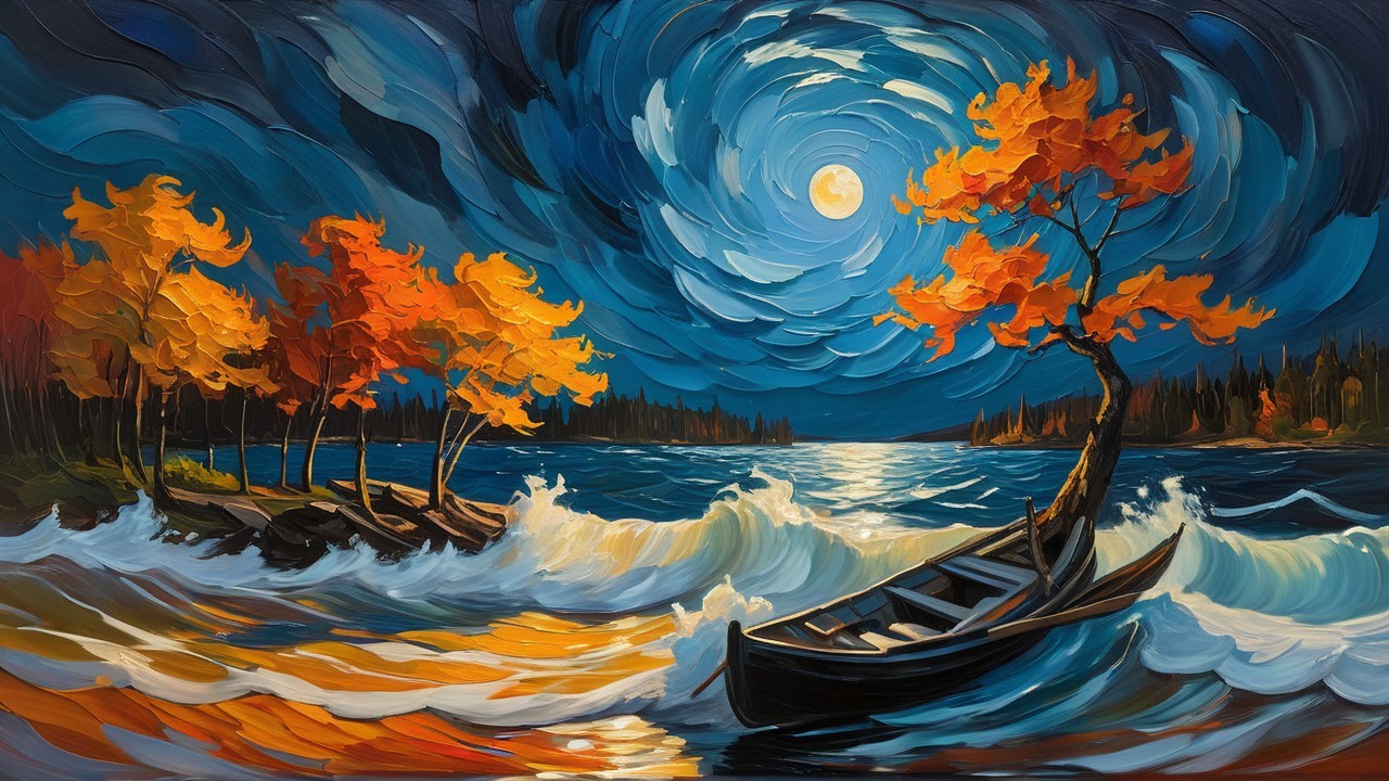 Vibrant Night Scene with Moonlit Waters and Trees