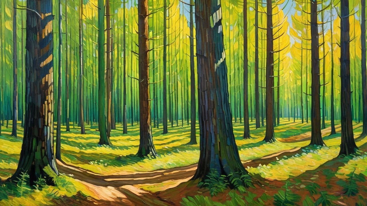 Vibrant Forest Scene with Tall Trees and Sunlight