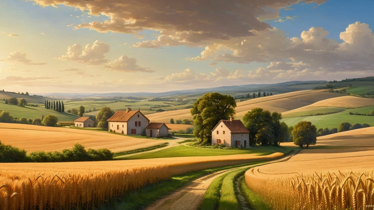 Serene Countryside Landscape with Rolling Fields and Houses