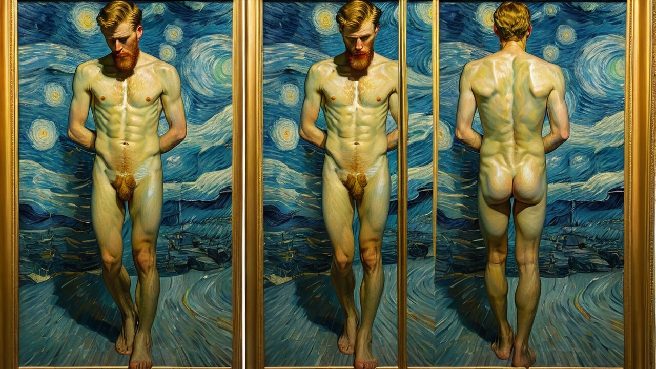 Nude Male Figure Against Swirling Starry Night Background