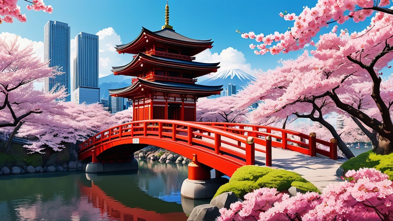 Red Pagoda and Cherry Blossoms with Skyscrapers