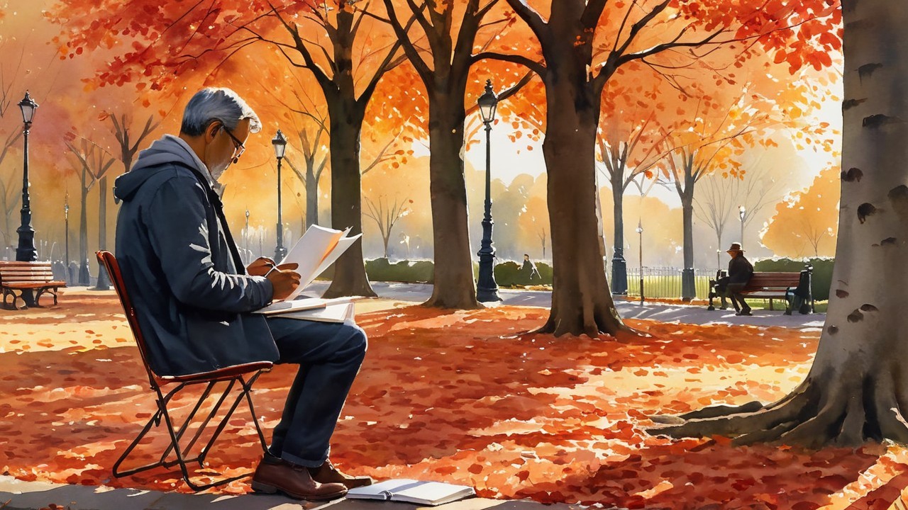 Man Sketching in Sunlit Park Surrounded by Autumn Foliage