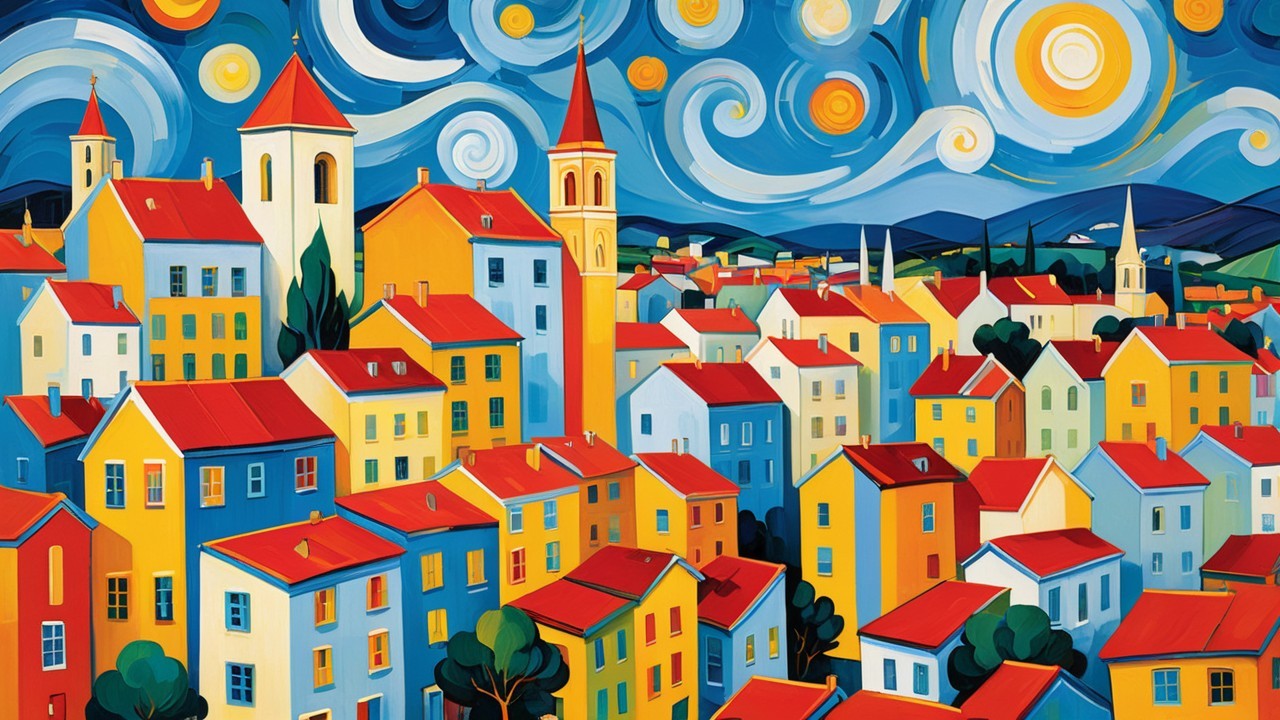 Whimsical Colorful Townscape with Dynamic Night Sky
