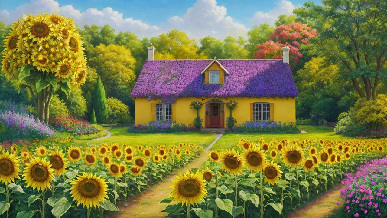 Charming Yellow Cottage with Purple Roof in Garden