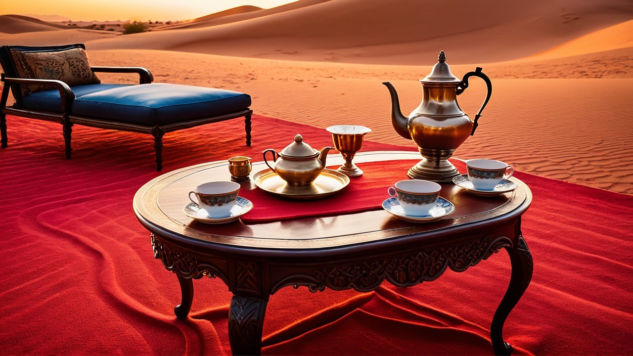 Traditional tea set on ornate table in desert oasis