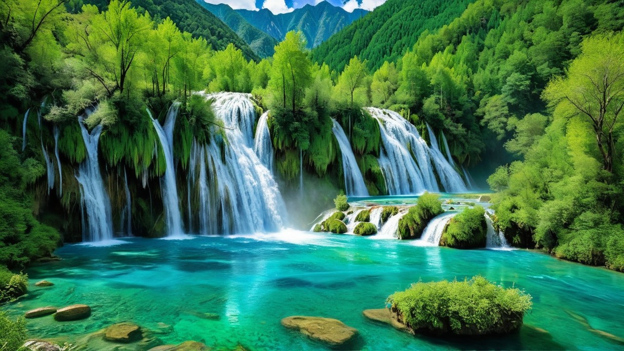 Cascading Waterfalls in Lush Green Mountain Landscape