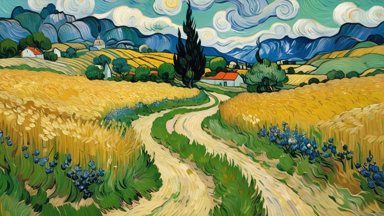 Winding Dirt Path Through Golden Wheat Fields and Hills