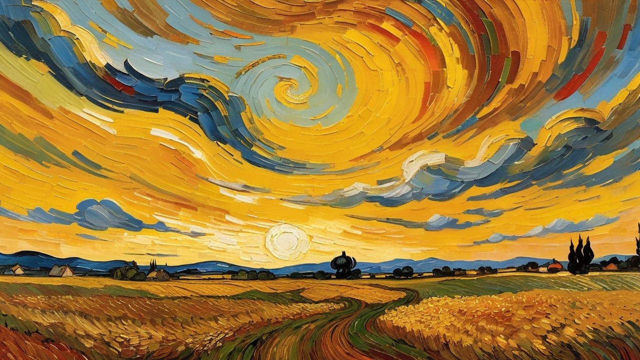 Vibrant Landscape with Swirling Clouds and Wheat Field