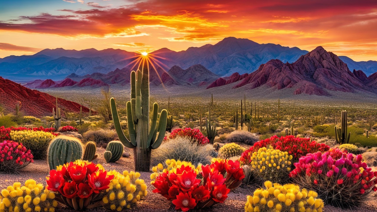 Vibrant Desert Landscape at Sunset with Cacti and Flowers