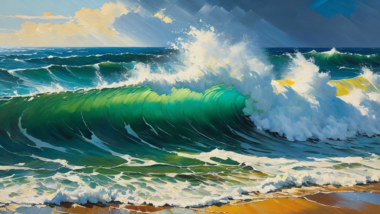 Vibrant Seascape of Crashing Waves and Sandy Shoreline