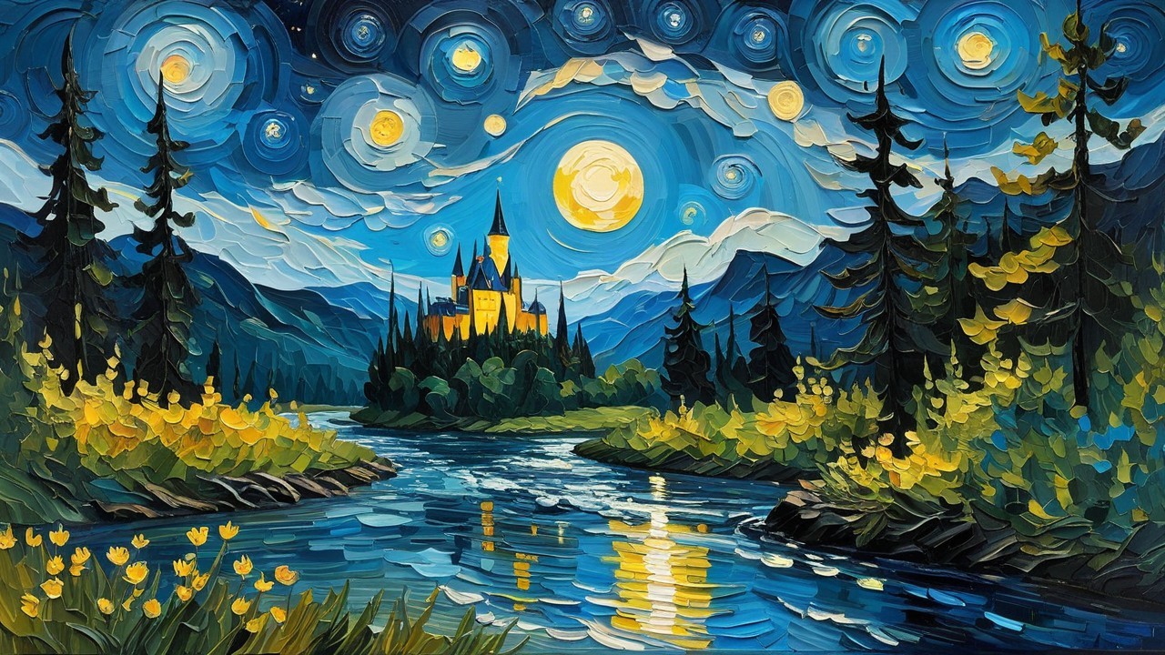 Dreamlike Landscape with Stars and Luminous Moon