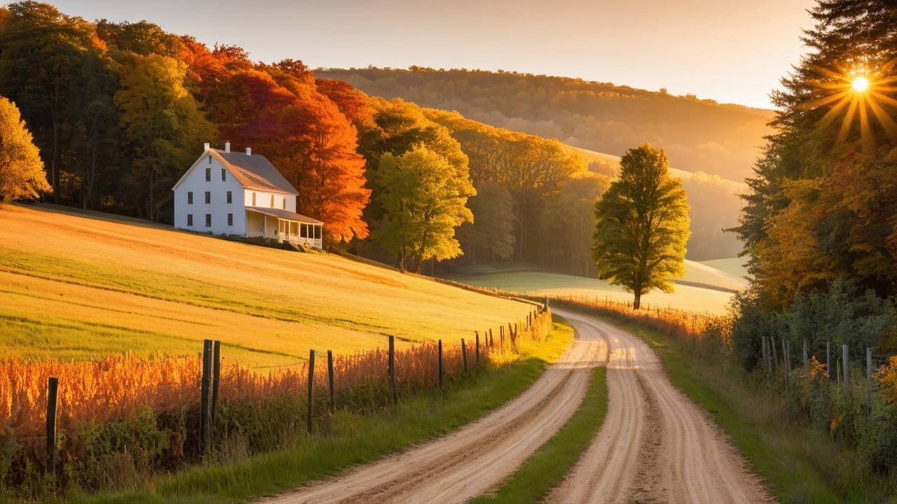 Serene Landscape with Dirt Road and Autumn Trees
