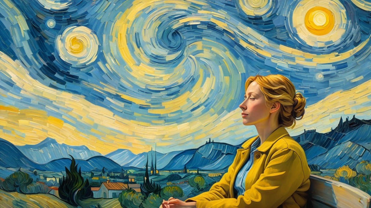 Serene Woman in Profile Against Vibrant Swirling Sky