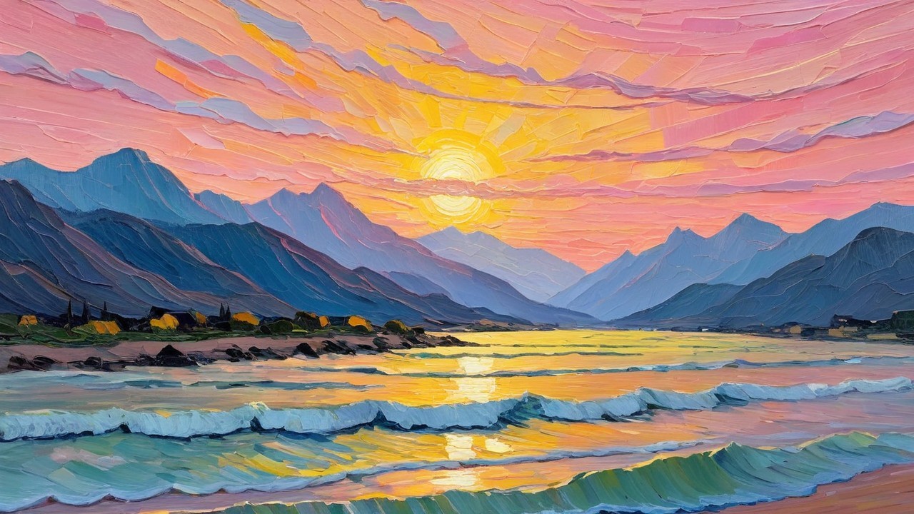 Vibrant Sunset Over Serene Landscape with Mountains