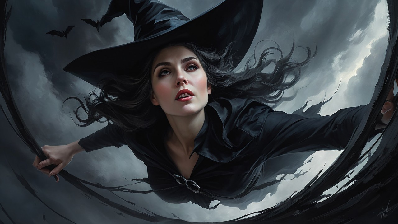 Witch in Pointed Hat Soaring Through Stormy Sky