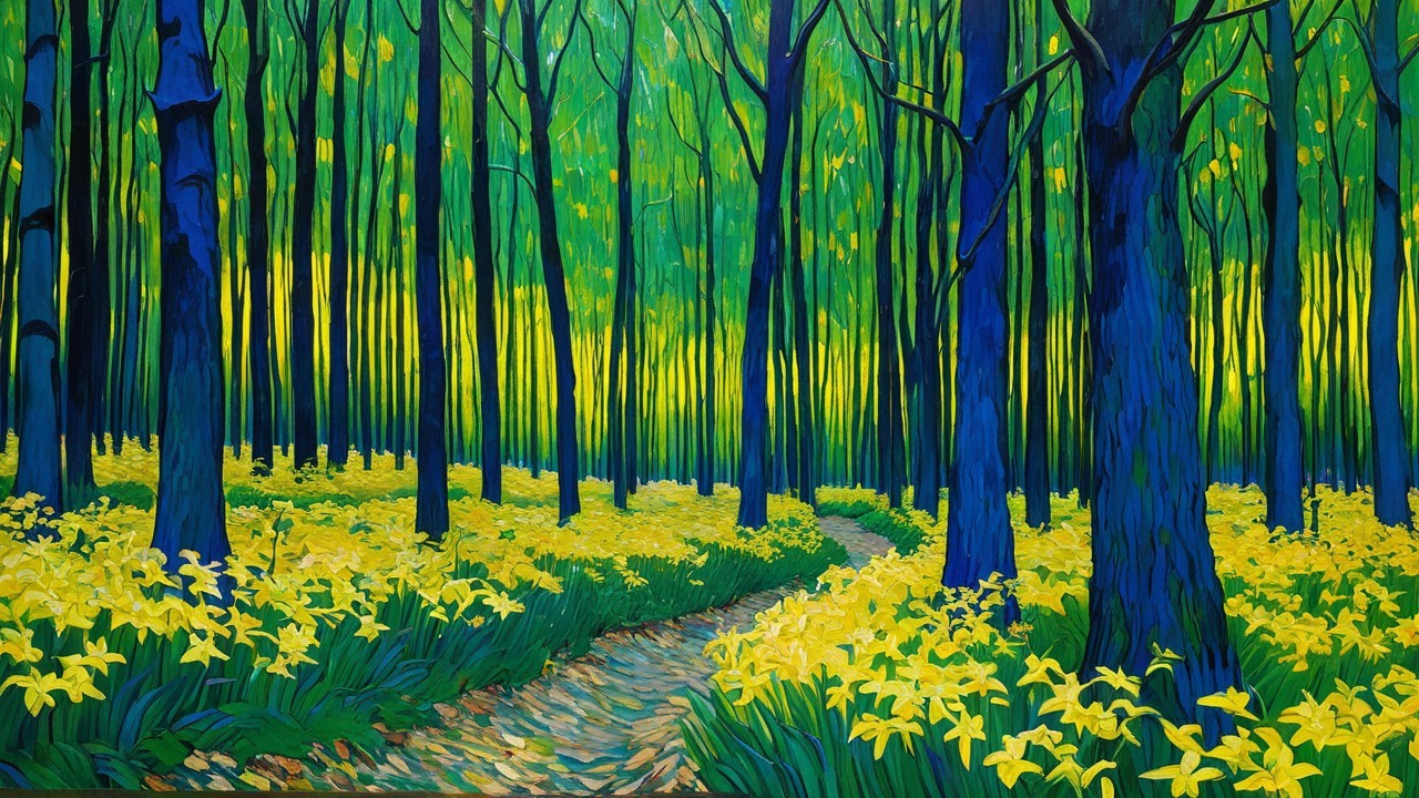 Impressionistic Forest Scene with Daffodils and Light