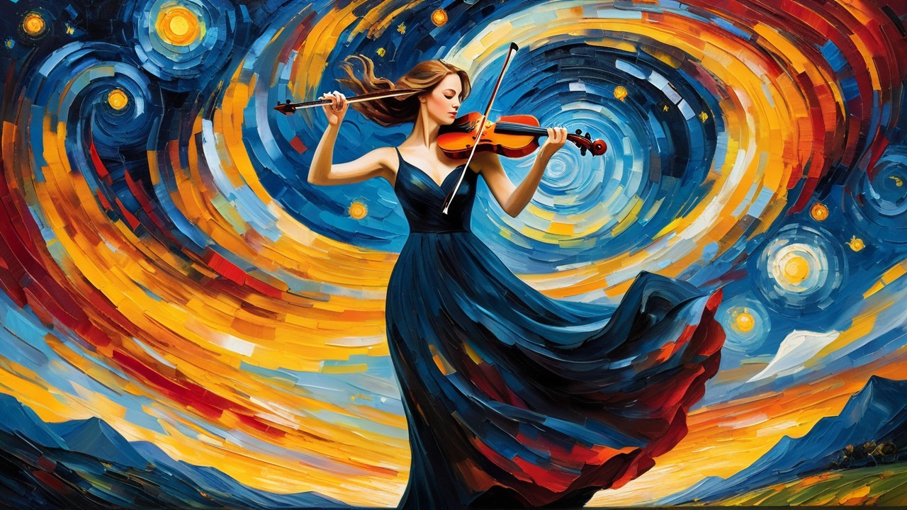 Woman in black gown playing violin with vibrant colors