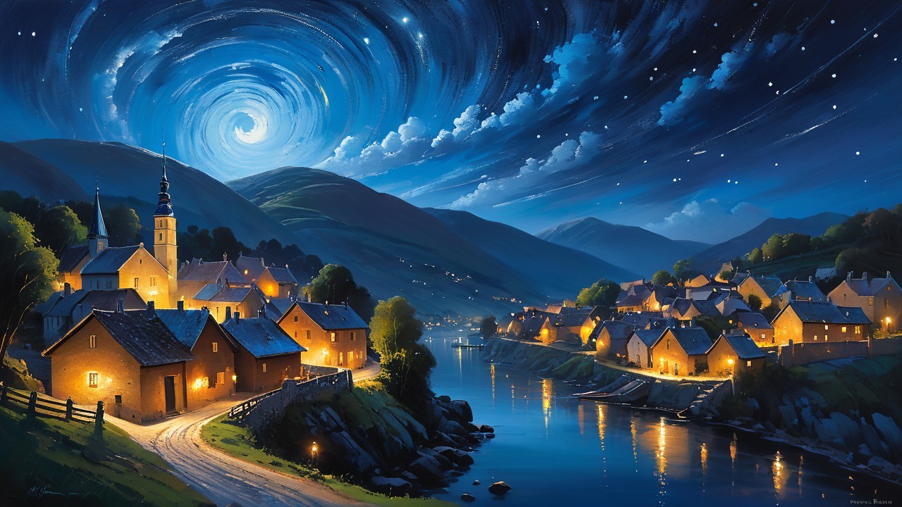 Serene Nighttime Village with Golden Lights and Stars