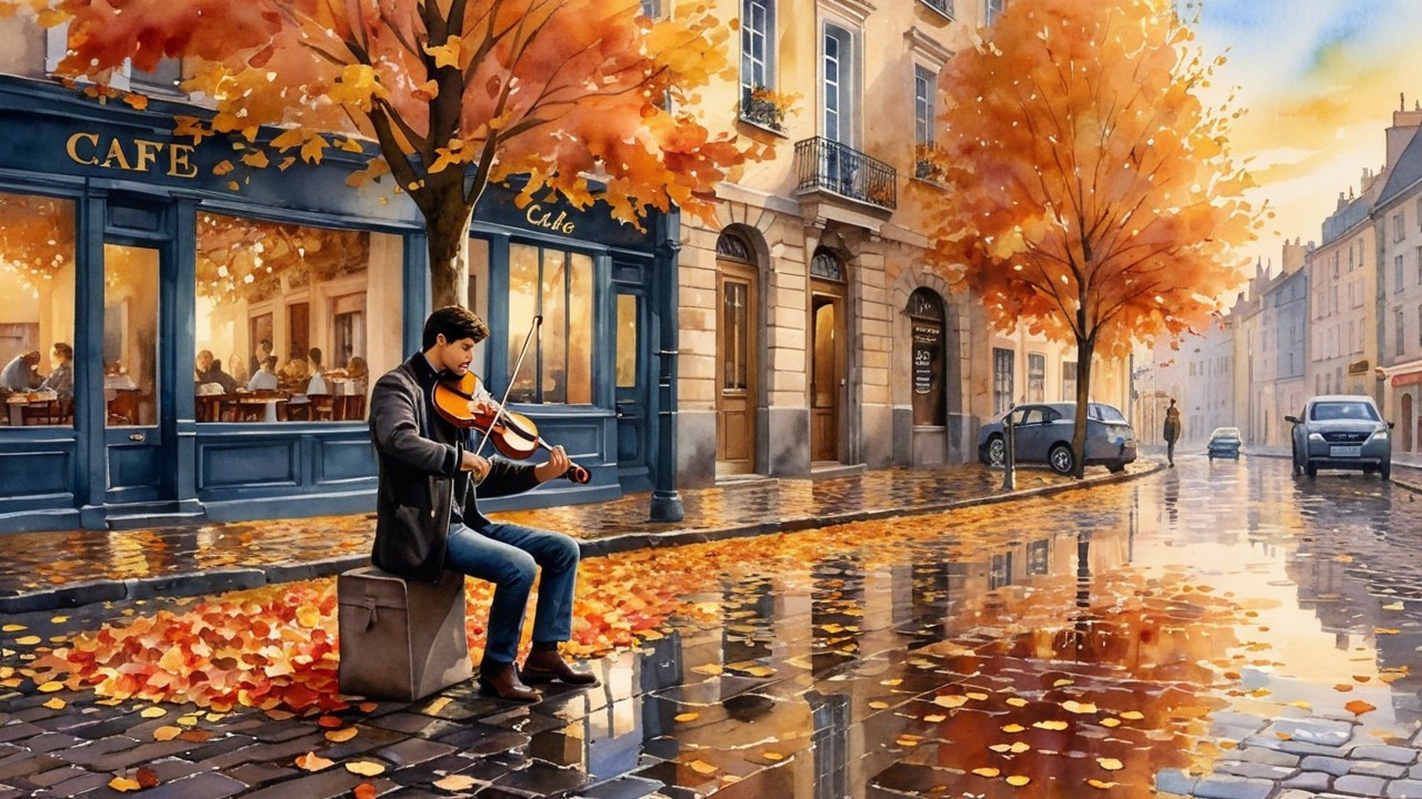Autumn Street Scene with Trees and Musician Playing Violin