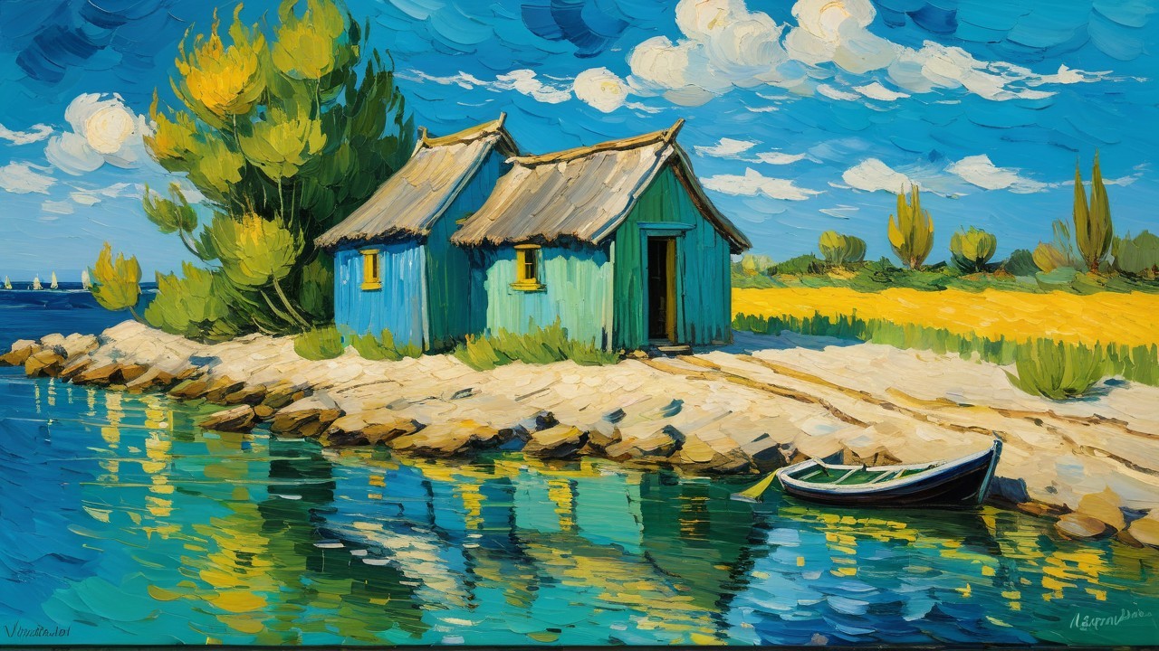 Rustic Wooden Shacks by Calm Blue Water and Trees